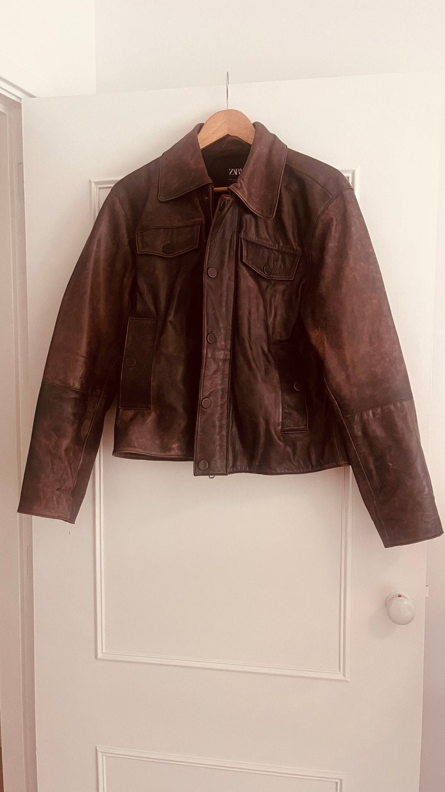 Zara Heren Leren Jas - Bruin, Maat M, Kleding | Heren, Verzenden, Zo goed als nieuw, Maat 48/50 (M), Bruin