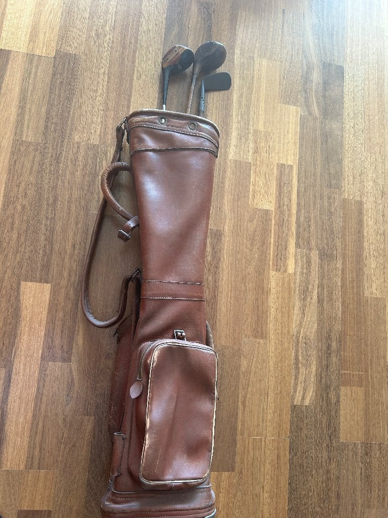 lederen golftas en 3 oude golfstiks, Ophalen of Verzenden