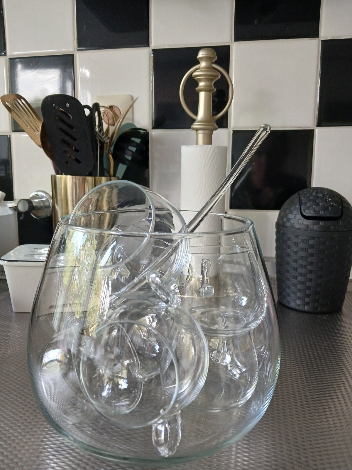 Glazen bowlset 6 glazen en opschep lepel, Glas of Glazen, Ophalen of Verzenden, Overige stijlen, Glas