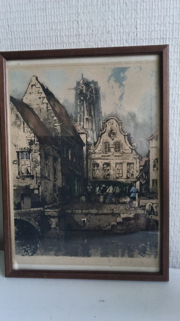 vintage aquatint ets, Tour de malines, Ferd.J. Luigini, Ophalen of Verzenden