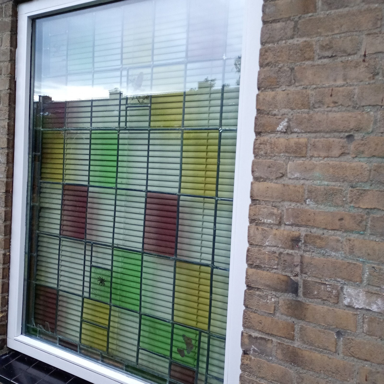 Gevelraam met glas in lood en spinnenweb/vogel decoratie, Ophalen, Gebruikt, Glas in lood, 80 tot 120 cm