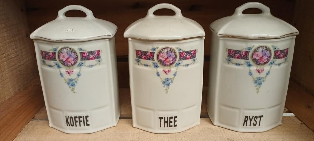 Voorraadpotten KOFFIE THEE RIJST bloemmotief, Ophalen of Verzenden
