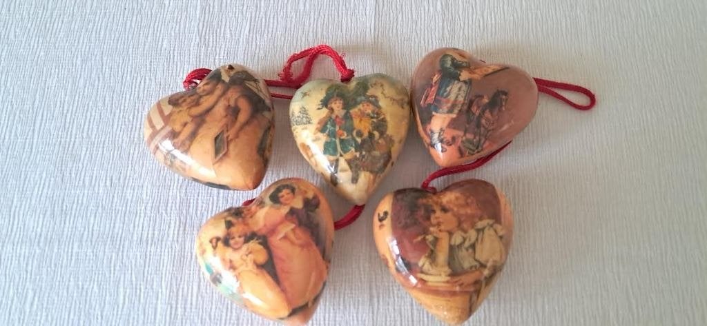 Vintage papier-maché decoupage hartjes kerst, Diversen, Kerst, Ophalen of Verzenden