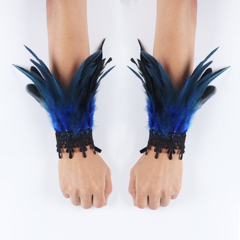 Blauwe veren dames handschoenen victoriaanse burlesque punk, Verzenden, Nieuw, Handschoenen, Hoed of Pet