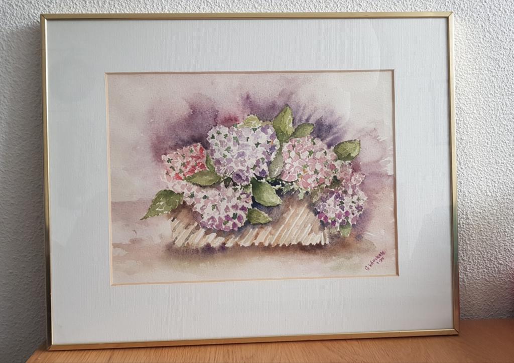 Prachtig vintage schilderij met hortensia's, Minder dan 50 cm, Ophalen of Verzenden, Zo goed als nieuw, Schilderij