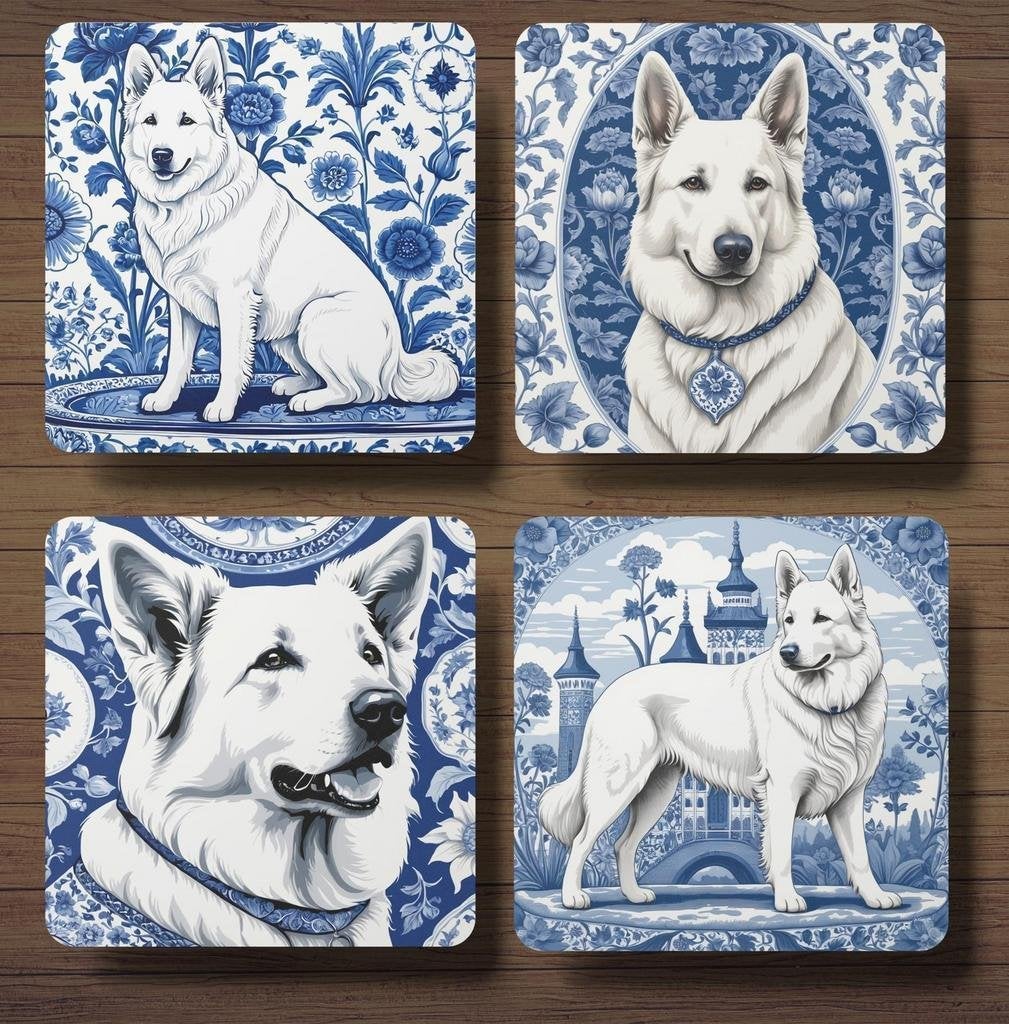 Zwitserse Witte Herder Delfts Blauwe onderzetters met houder, Ophalen of Verzenden, Nieuw