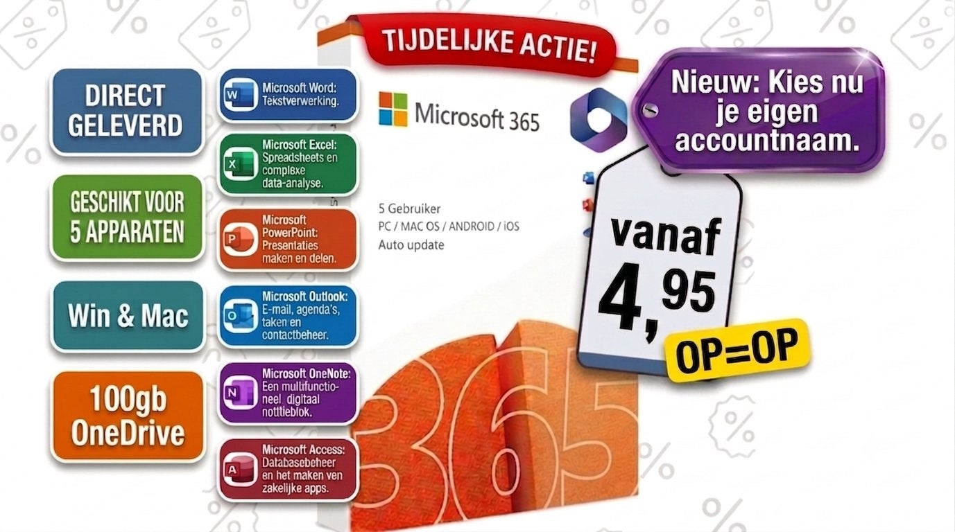 Office 365 - 5 users | 100 gb | Win & Mac | Direct geleverd, Ophalen, Zo goed als nieuw, Excel, Windows