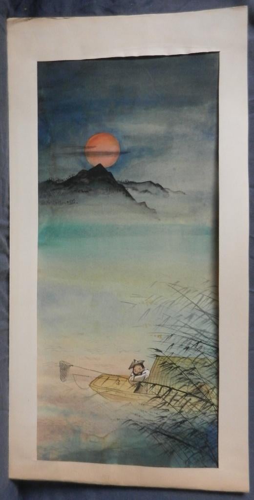 Aquarel Sampan in maanlicht China/Japan hxb: 50,1x22,2 cm., Antiek en Kunst, Kunst | Tekeningen en Foto's, Ophalen of Verzenden
