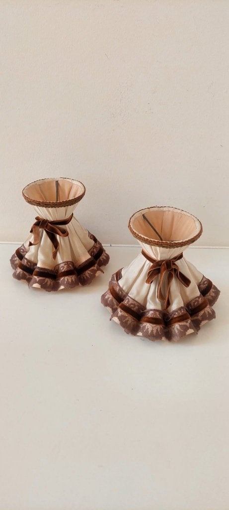 2 vintage boudoir lampen kapjes frou-frou crème/bruin, Gebruikt, Eu, E14 (klein), Textiel