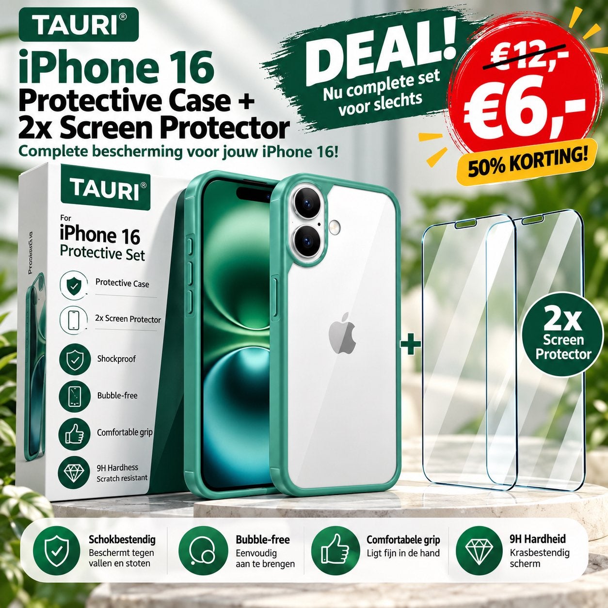 TAURI iPhone 16 Hoesje + 2x Screenprotector Mintgroen, Telecommunicatie, IPhone 16, Nieuw, Ophalen of Verzenden, Meerkleurig