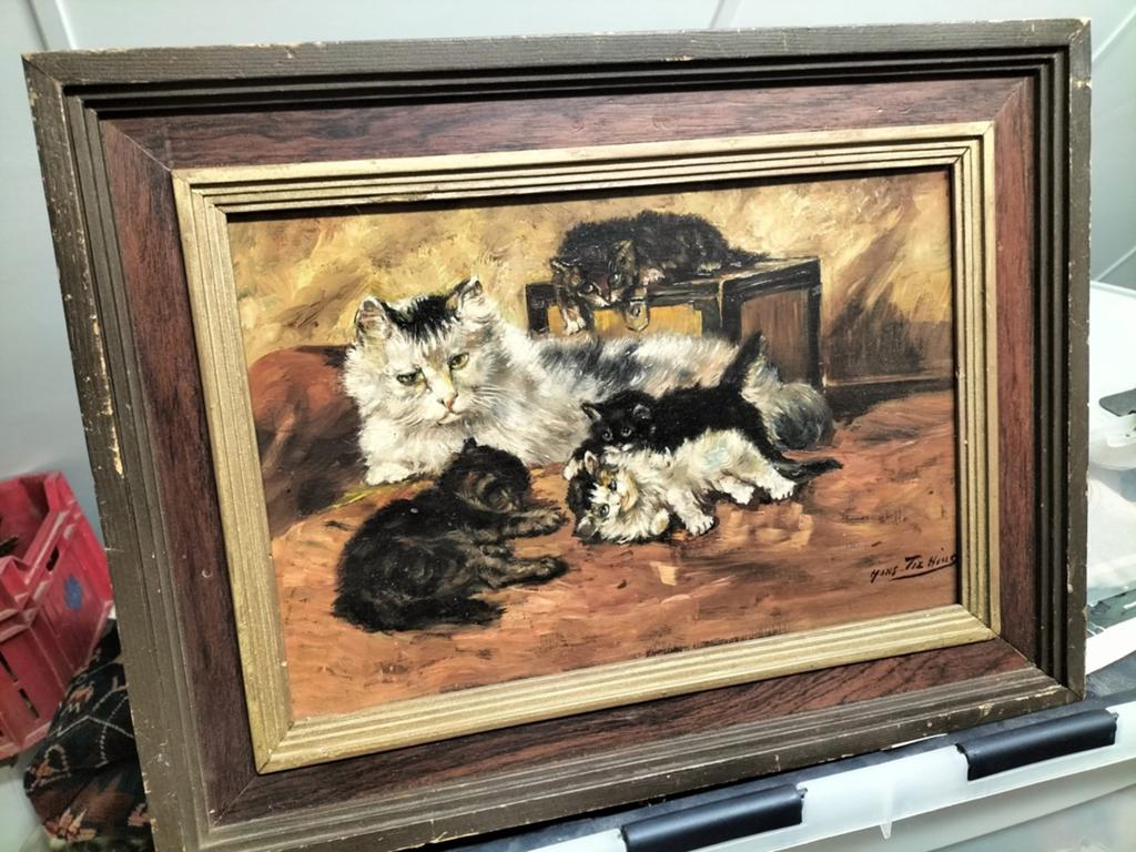 Olieverfschilderij: Moederpoes met kittens, gesigneerd, Antiek en Kunst, Ophalen of Verzenden