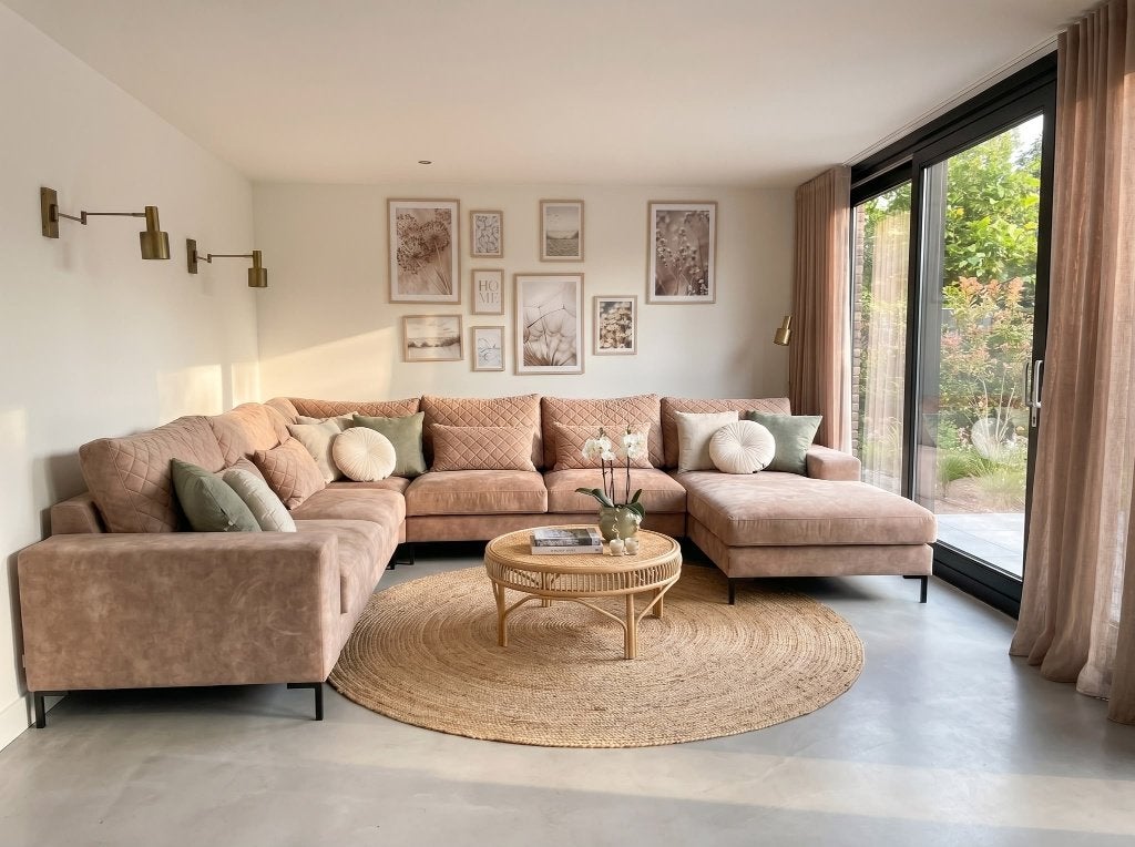 UrbanSofa Milan U-hoekbank Vienna Sand velvet, Ophalen, Zo goed als nieuw, Stof