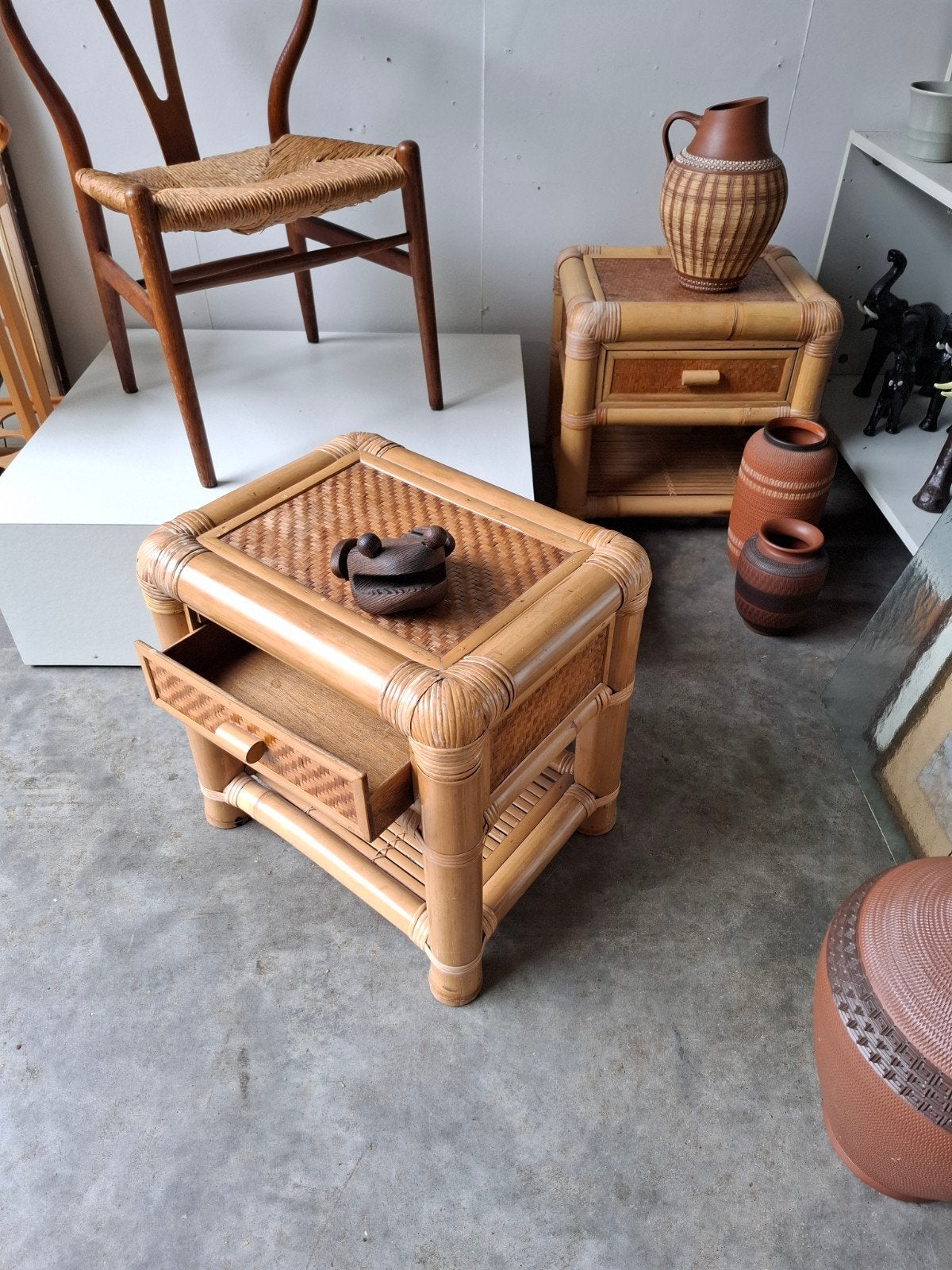 Vintage kastjes Boho stijl bamboe jaren 80 design, Huis en Inrichting, Overige materialen, Minder dan 55 cm, Gebruikt, Bohemian