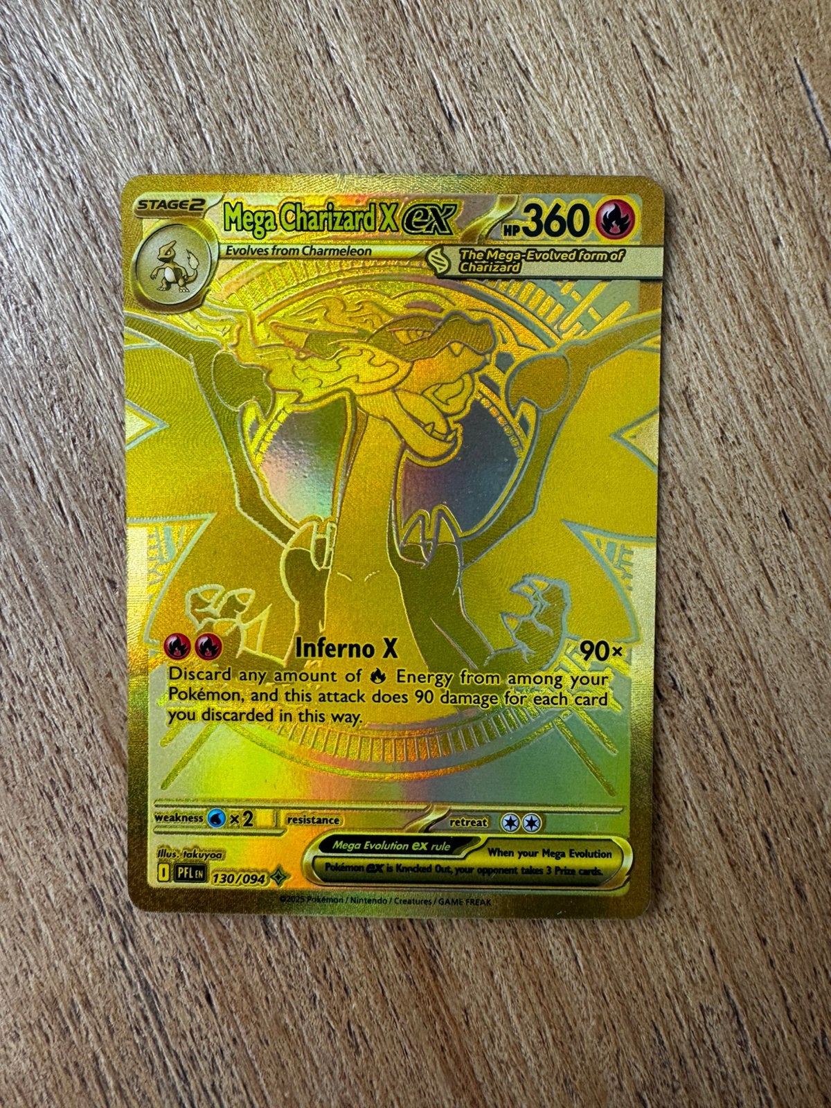 Mega Charizard X EX Pokémon Kaart - Gouden Foil, Ophalen of Verzenden, Zo goed als nieuw, Losse kaart, Foil