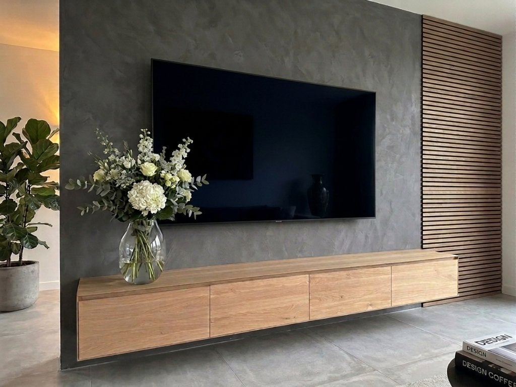Massief Eiken Zwevend TV- Meubel 100cm tot 300 cm, 8731DW, Eikenhout, Nieuw, Ophalen of Verzenden