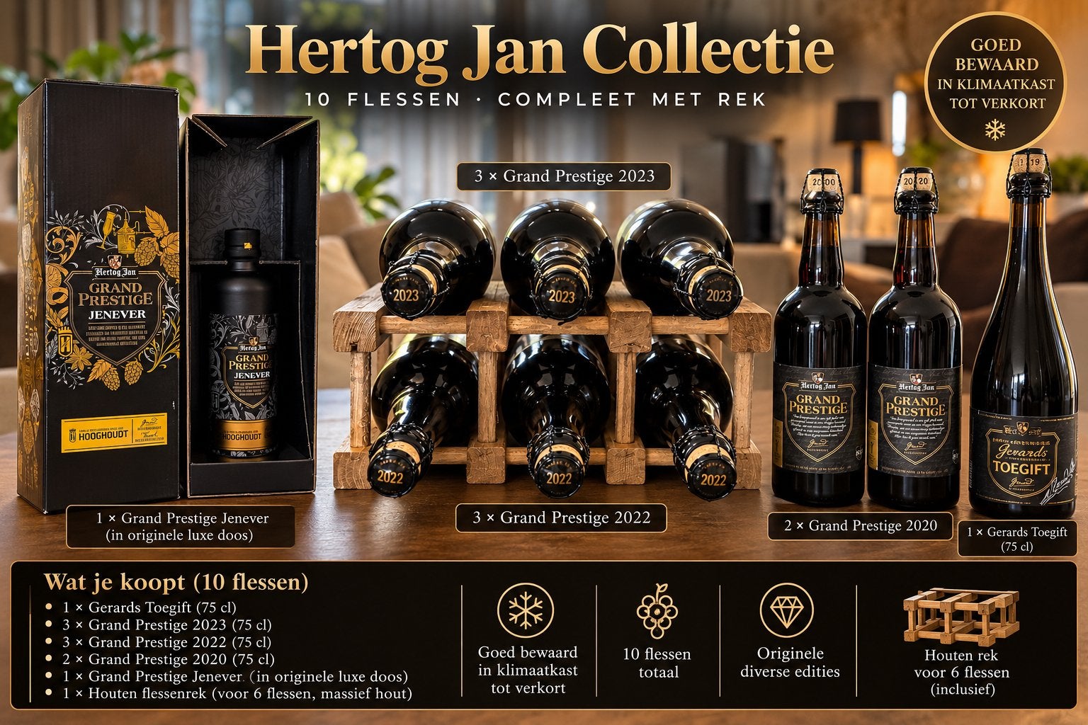 🍺 Hertog Jan Grand Prestige – 10 flessen + 13 glazen, Ophalen of Verzenden, Zo goed als nieuw, Flesje(s), Hertog Jan