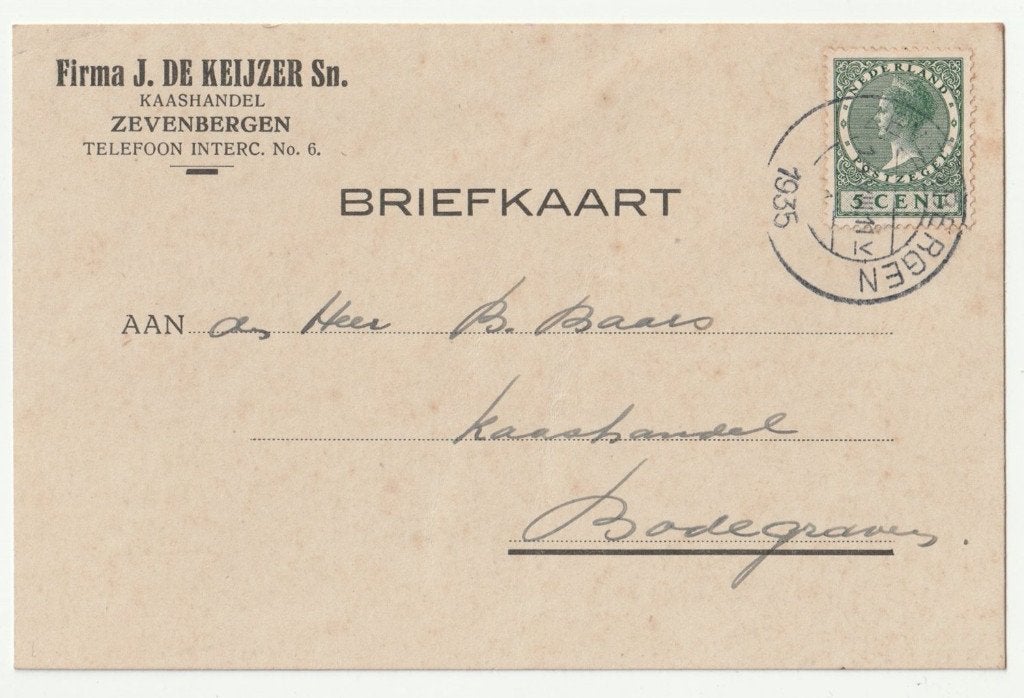 Zevenbergen Firma J. de Keijzer Sn. Kaashandel 1935, Verzenden, Briefkaart
