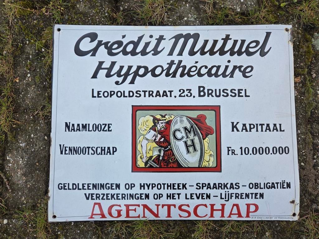 Antiek Emaille Bord - Crédit Mutuel Hypothécaire Brussel, Ophalen of Verzenden