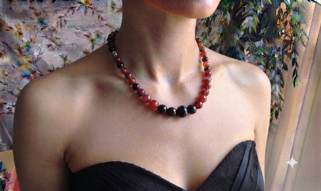 Prachtige ketting Carneool Stenen Ronde Oranje-Rood Bruin, Sieraden, Tassen en Uiterlijk, Kettingen, Bruin, Nieuw, Ophalen of Verzenden