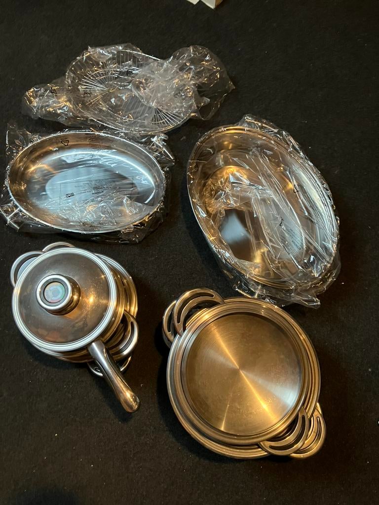7- delige Amorini pannenset, Ophalen, Gebruikt, Rvs, Pannenset