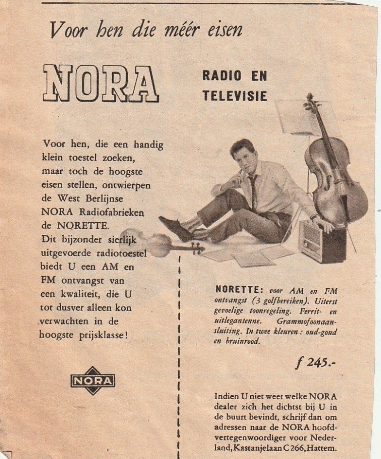 Retro reclame 1956 Nora radio Hattem cello muziekinstrument, Verzenden, Overige typen