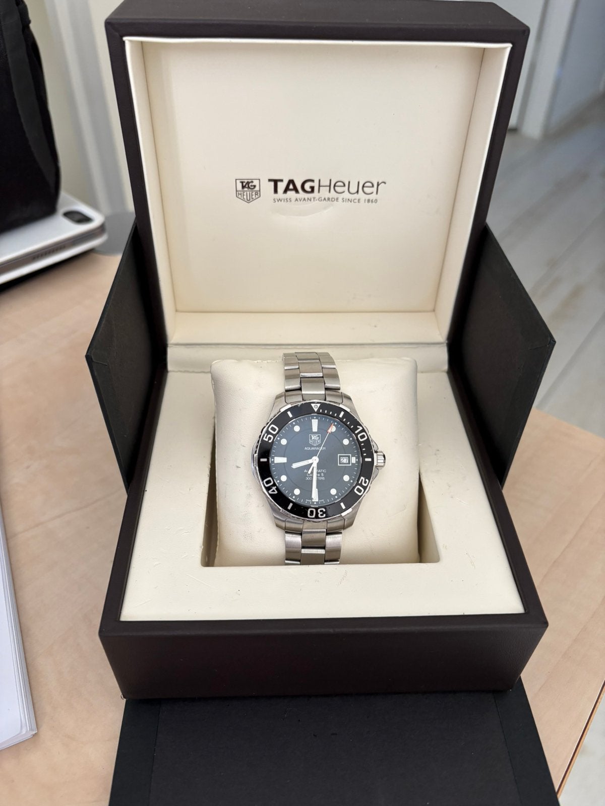 TAG Heuer Aquaracer Calibre 5 Automatic – Box & papers, Ophalen, Staal, Gebruikt, Polshorloge