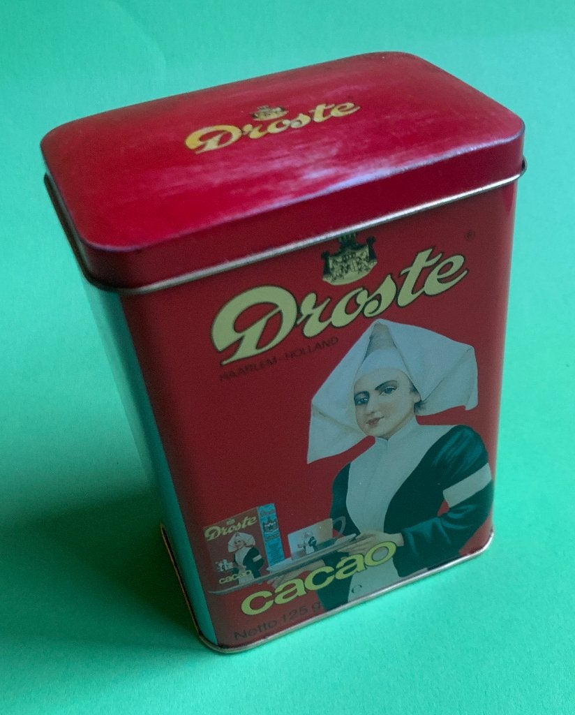 Vintage Blik Droste Cacaobus cacaopoeder 225gr, Verzamelen, Blikken, Ophalen of Verzenden, Gebruikt, Overige, Droste