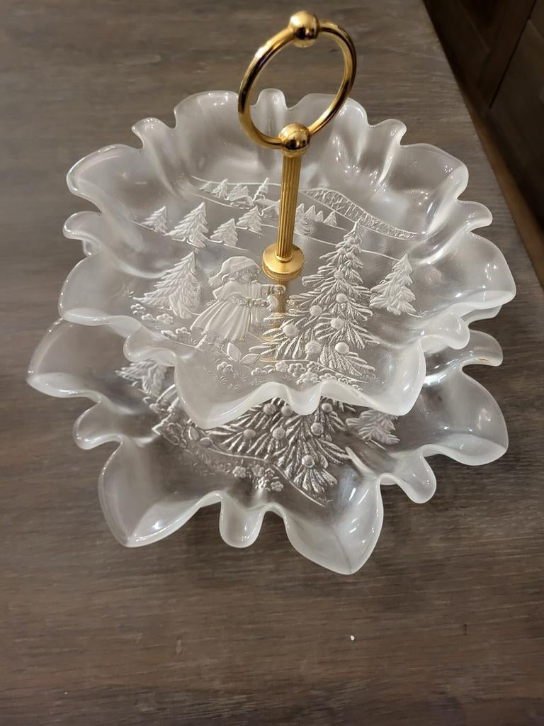 Glazen etagere met kersttafereel - 2 lagen, Ophalen of Verzenden