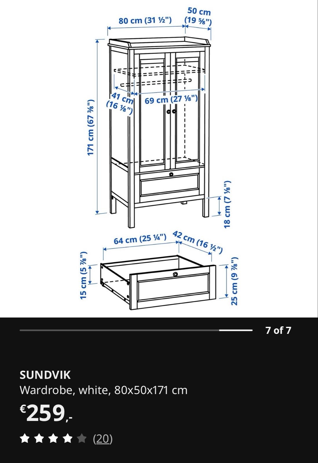 IKEA SUNDVIK Kledingkast wit met lade en organizer, Ophalen, Gebruikt, 50 tot 100 cm, Met lade(s)