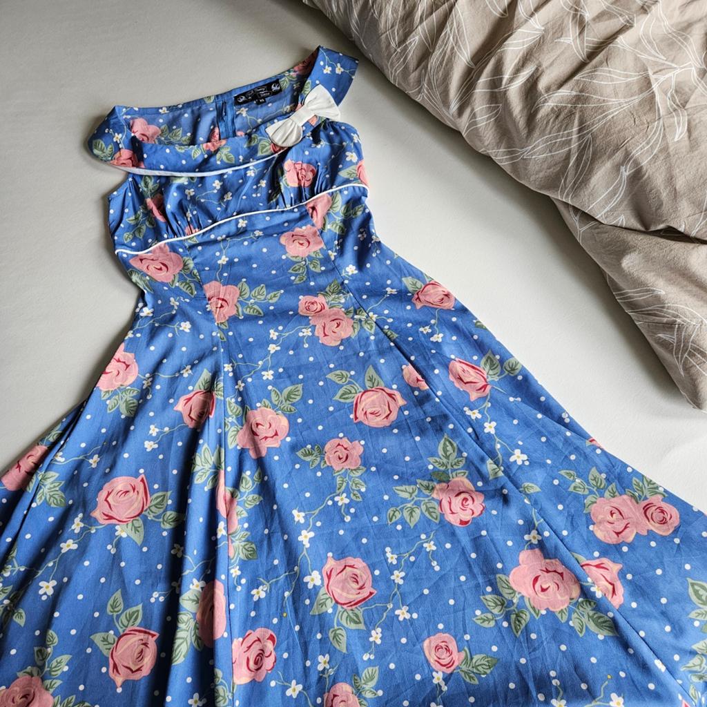 Hell Bunny Vixen polkadot jurk maat XS, Blauw, Ophalen of Verzenden, Zo goed als nieuw, Hell Bunny