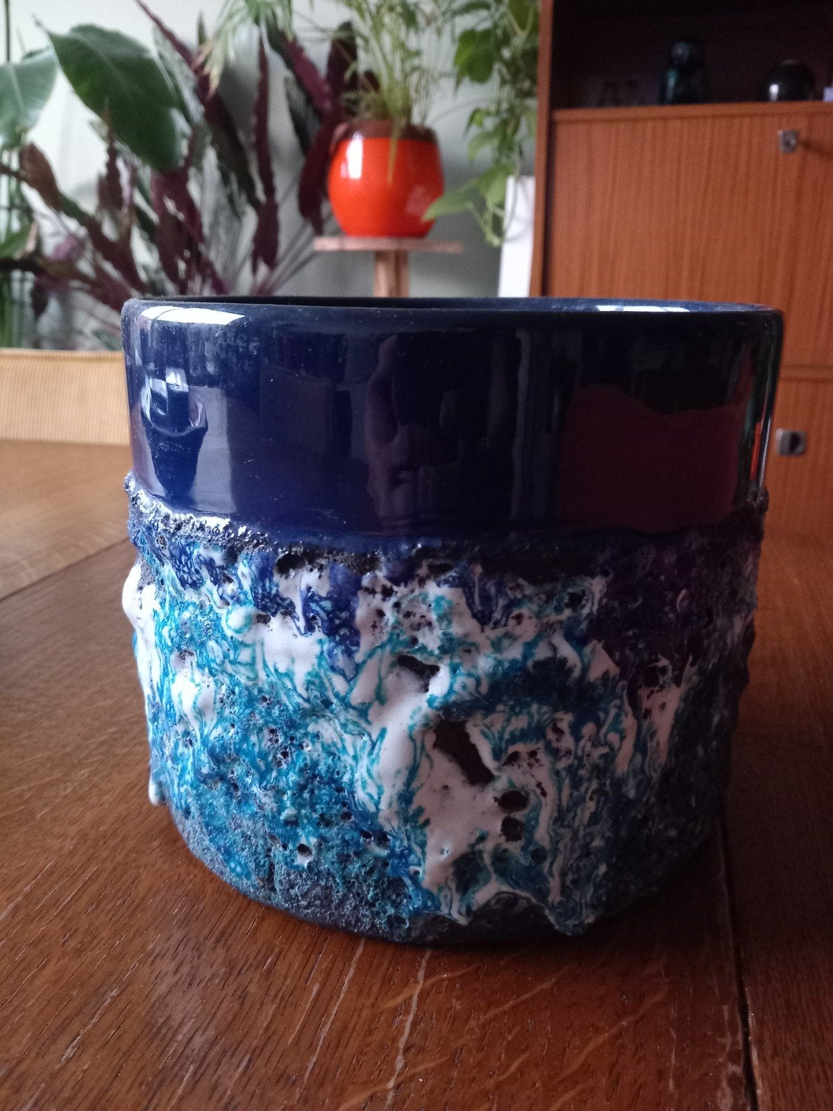 Vintage Fat Lava Bloempot - Blauw/Wit, Ophalen of Verzenden