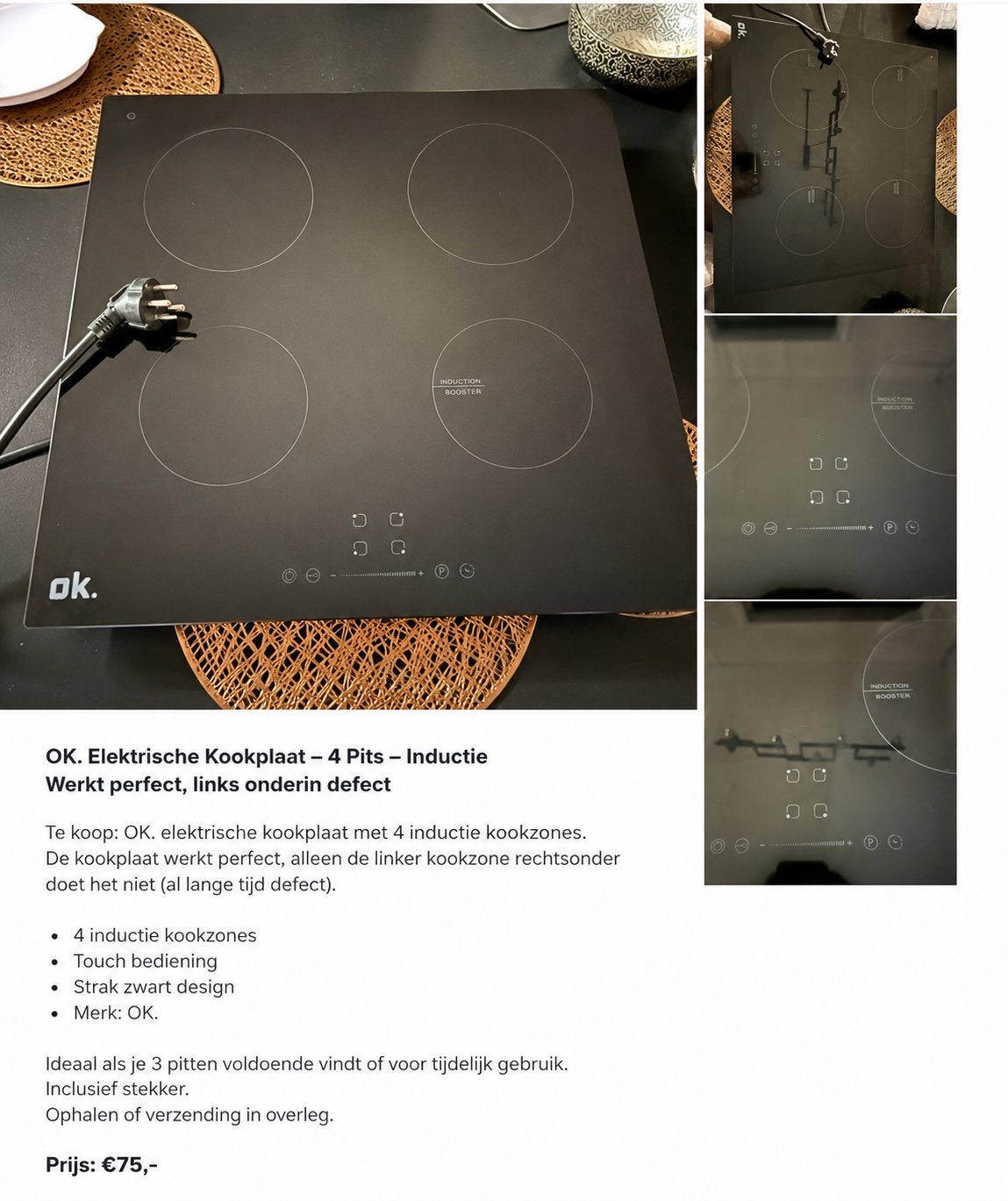 OK Inductiekookplaat – Elektrische kookplaat Touch bediening, Witgoed en Apparatuur, Kookplaten, Ophalen, 4 kookzones, Zo goed als nieuw