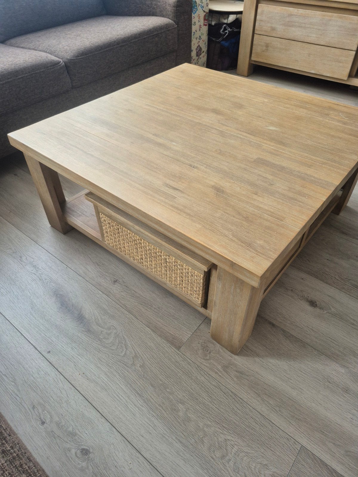 Acaciahouten salontafel 90x90x38 cm met lades en vakken, Huis en Inrichting, Tafels | Salontafels, Ophalen, Rechthoekig, 100 tot 150 cm