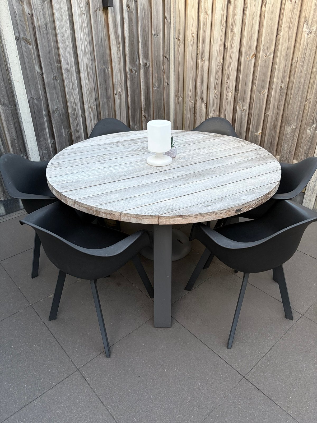 Tuinset Life ronde tafel met 6 zwarte stoelen, Tuin en Terras, Ophalen, Gebruikt, Rond, Teakhout
