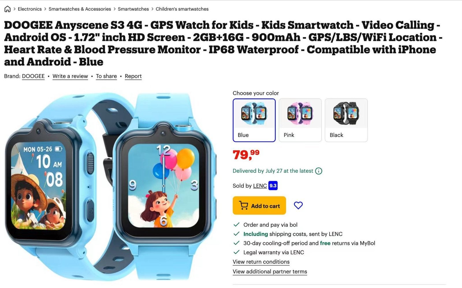 DOOGEE Anyscene S3 4G - GPS Smartwatch voor Kinderen - Blauw, Ophalen, Nieuw, Blauw, Jongen of Meisje