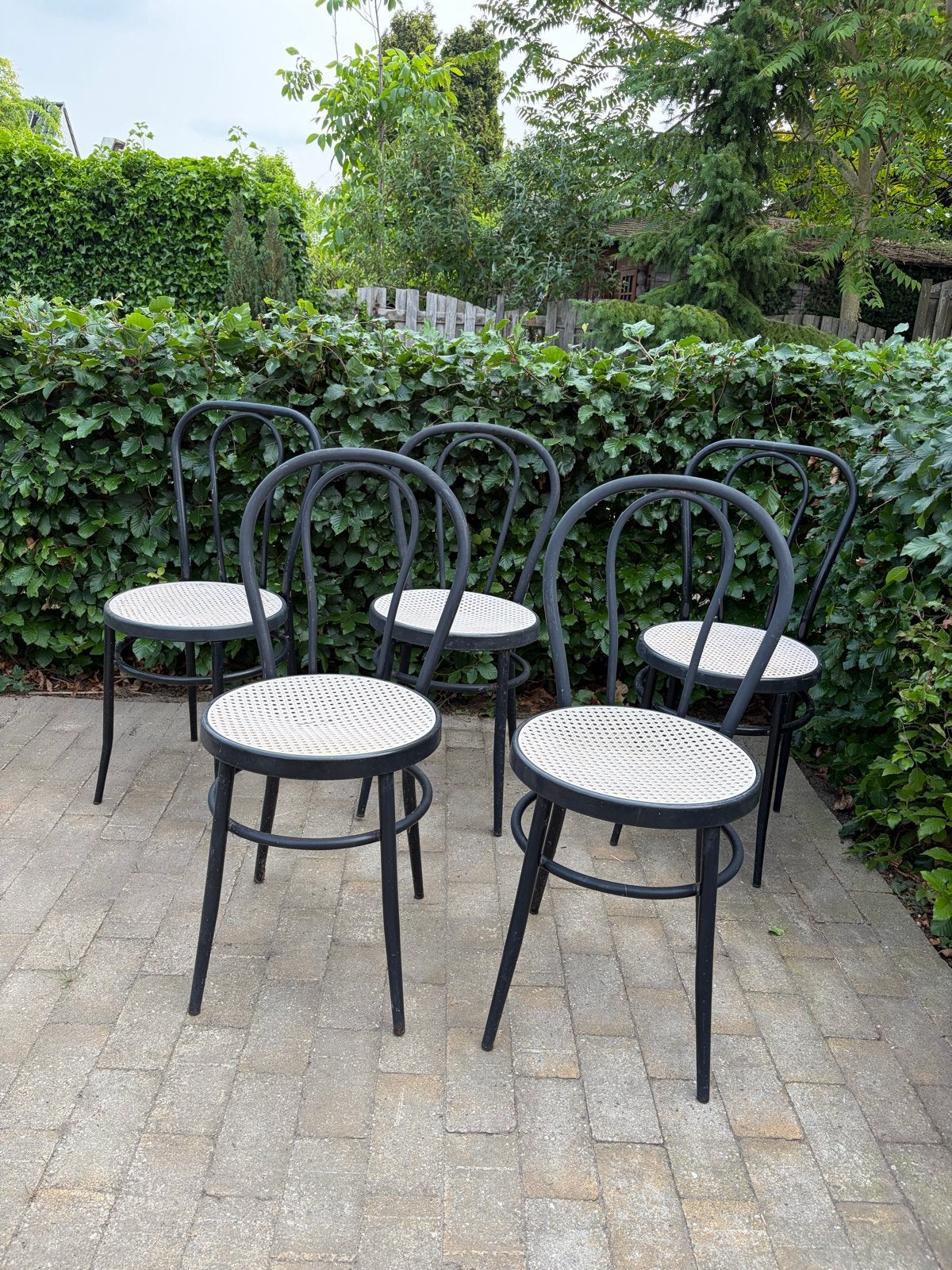 Set van 6 retro bistro stoelen, rotan zitting, Ophalen, Gebruikt, Zwart, Metaal