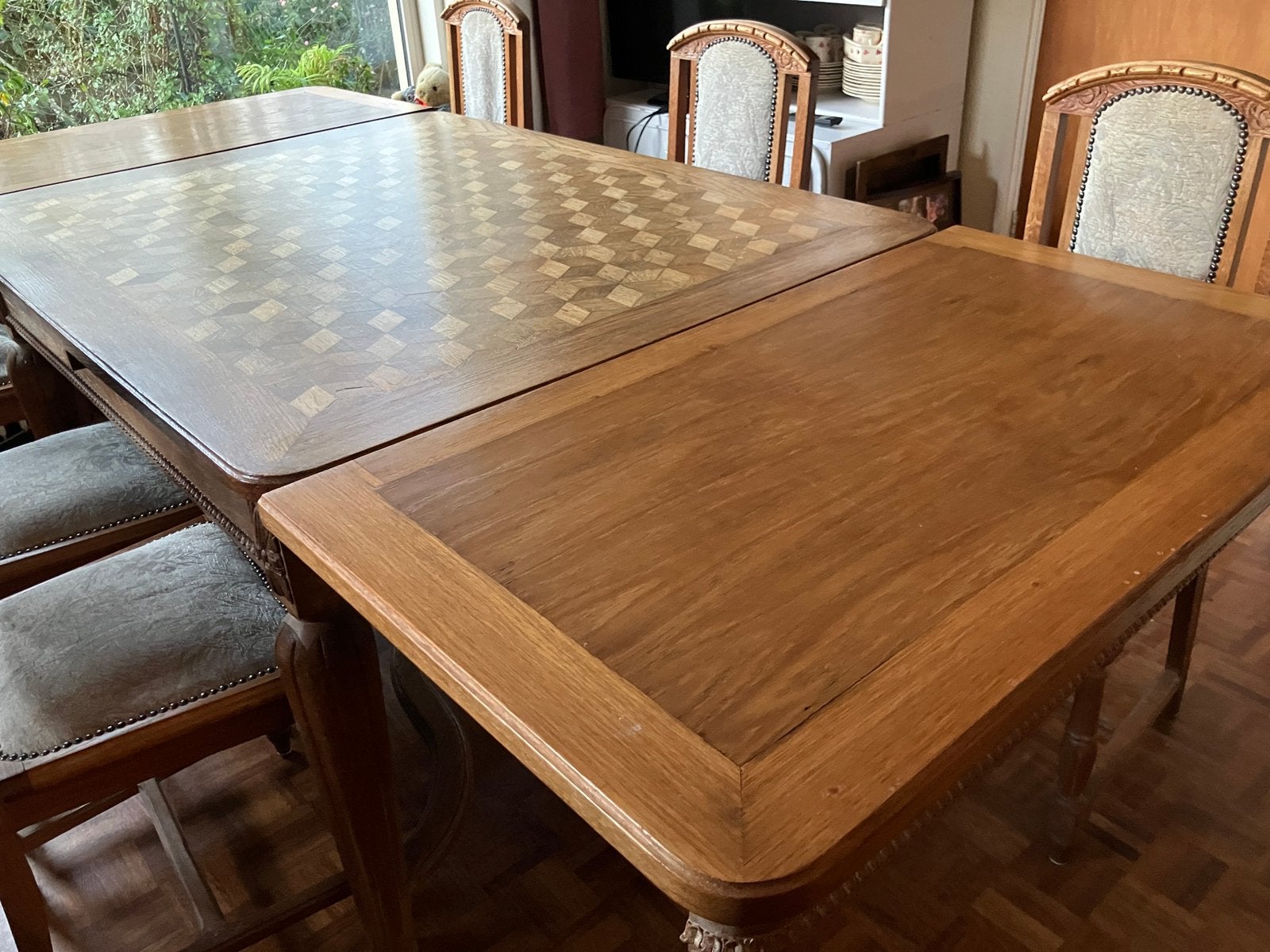 Uitschuifbare eikenhouten tafel met zes stoelen, Ophalen, Gebruikt, 200 cm of meer, 50 tot 100 cm