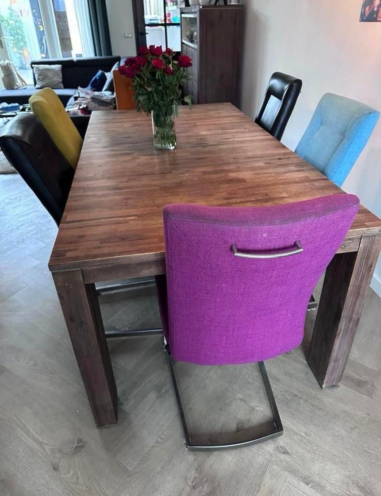 Houten Eettafel met 6 Stoelen - H&H Design, Gebruikt, Vijf personen of meer, 150 tot 200 cm, Rechthoekig