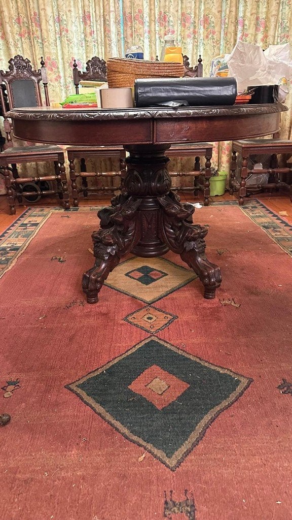 Antieke eiken eettafel met 5 stoelen, gesneden, Ophalen