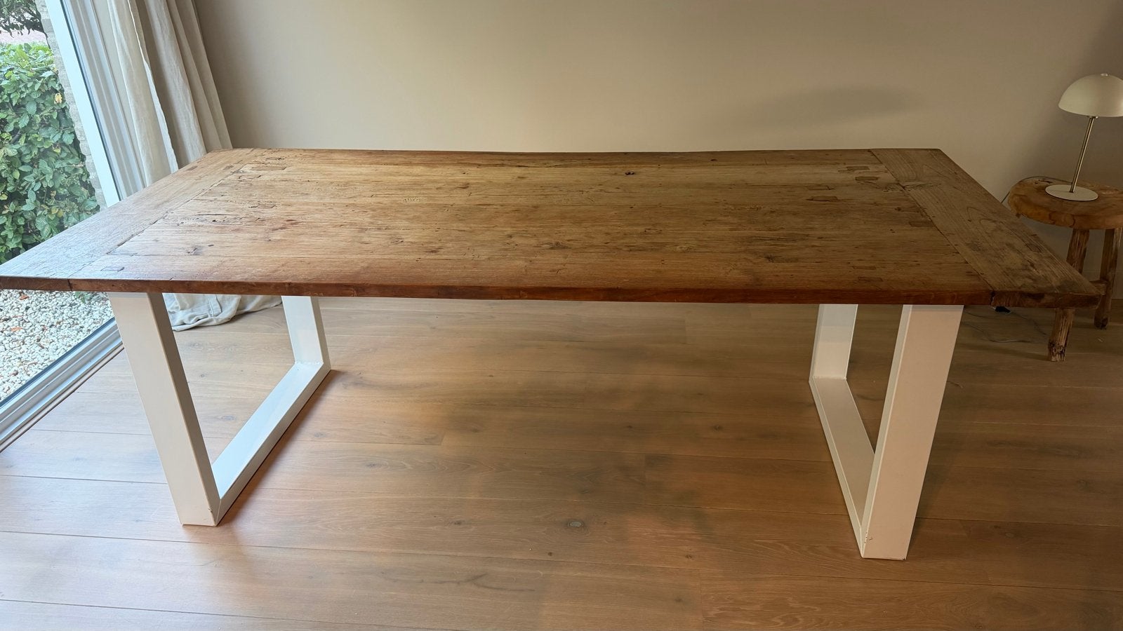 Robuuste eettafel 220x100cm met wit metalen onderstel, Ophalen, 200 cm of meer, 50 tot 100 cm, Zo goed als nieuw