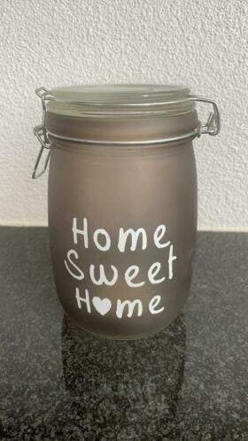 Leuke glazen pot - Home Sweet Home, Gebruikt, Rond, Pot of Kruik, Ophalen of Verzenden