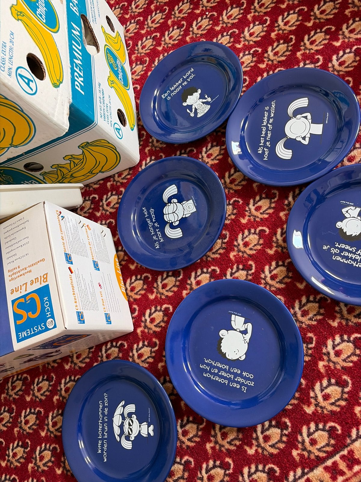 6x Blauwe Kinderborden met Grappige Teksten, Ophalen, Overige materialen, Gebruikt, Bord(en)