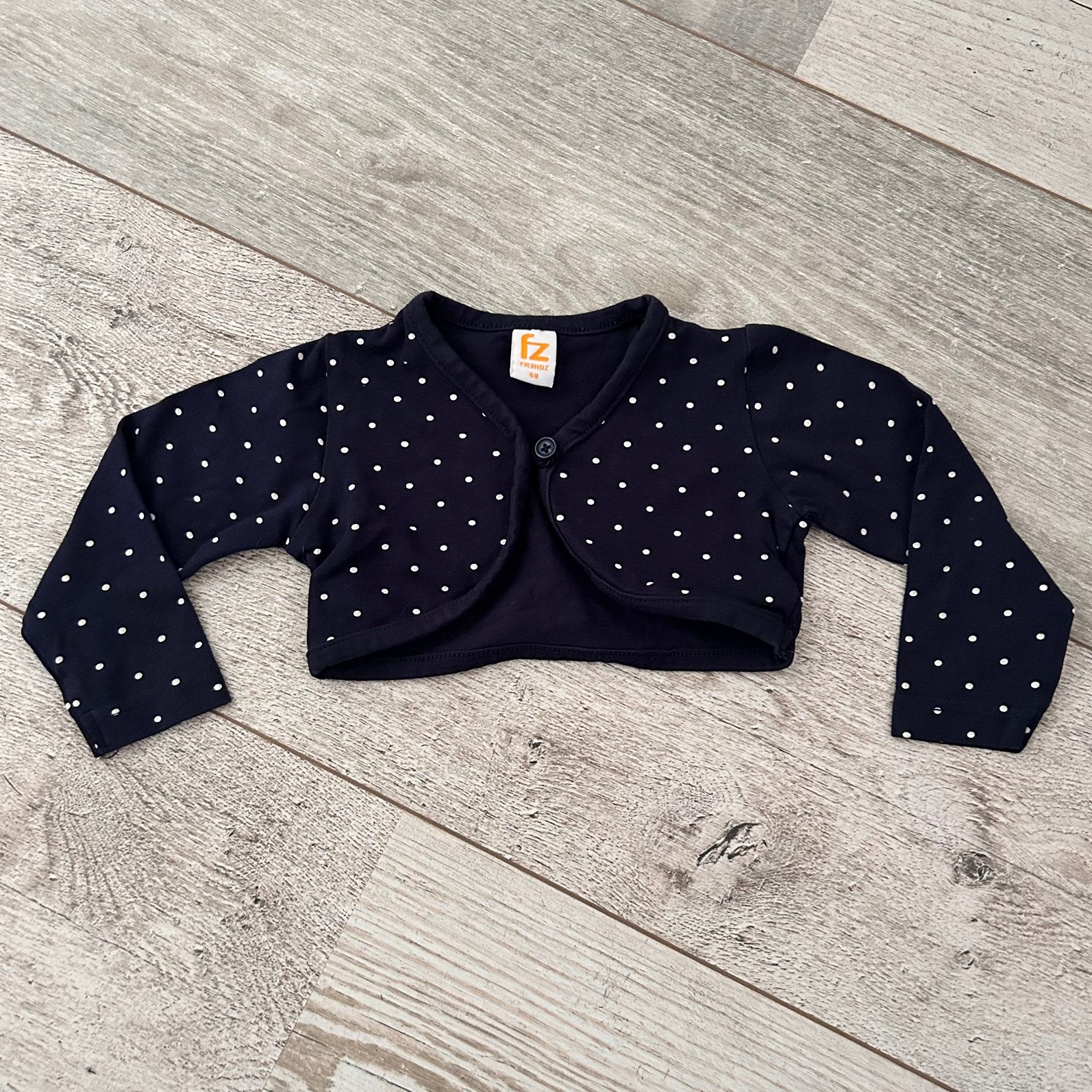 Frendz baby bolero vestje stippen donkerblauw maat 68, Kinderen en Baby's, Ophalen of Verzenden, Gebruikt, Meisje, Truitje of Vestje