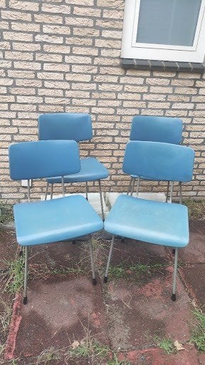 Set van 4 Vintage Stoelen - Blauw Skai / Buisframe, Ophalen, Gebruikt, Blauw, Vier
