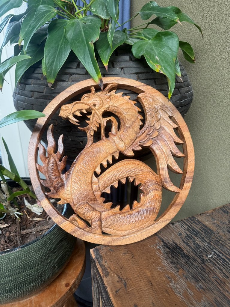 Draak houtsnijwerk wanddecoratie uit Bali Indonesie suarhout, Oosters, 30 cm, Hout, Nieuw