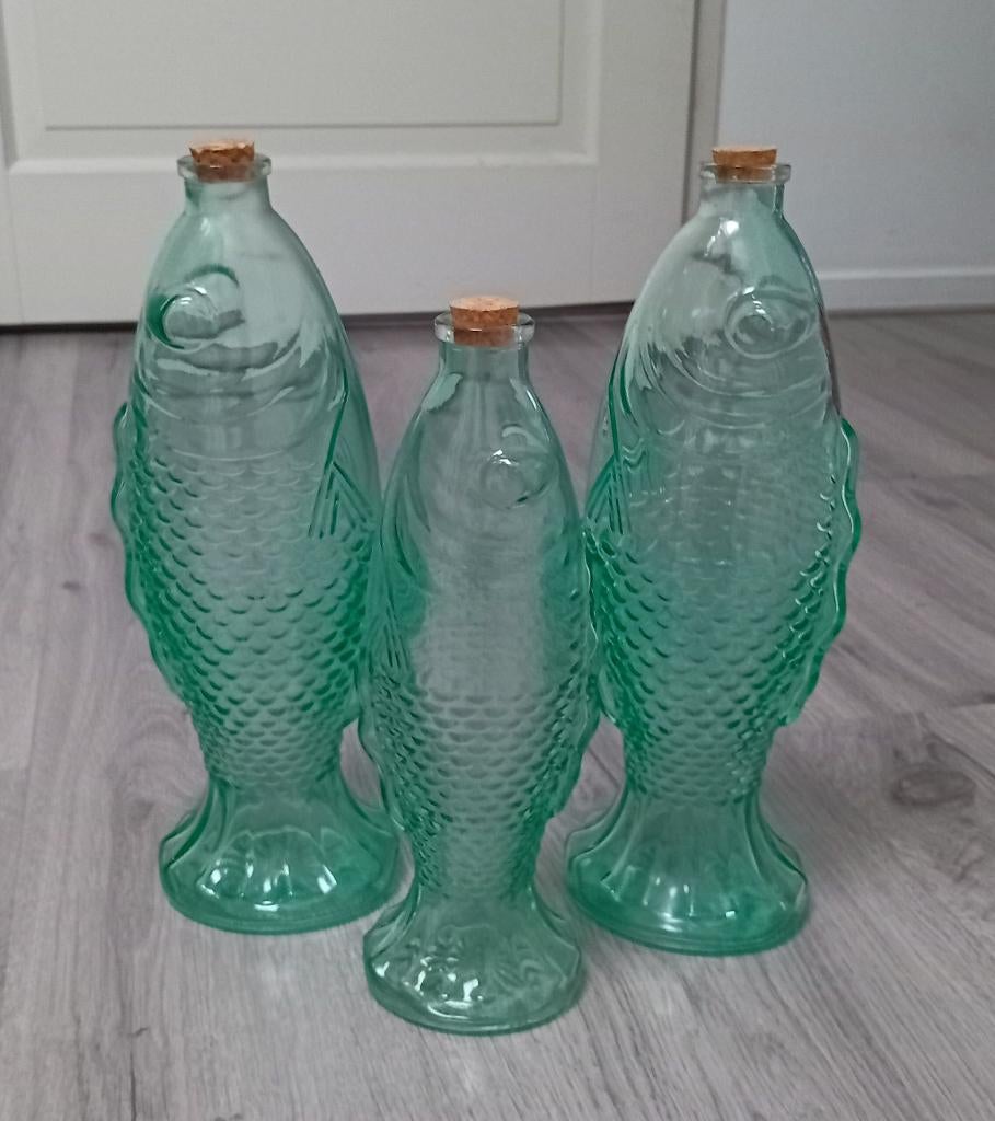 3 groene vis flessen met kurk transparant groen, Antiek en Kunst, Antiek | Glas en Kristal, Ophalen of Verzenden