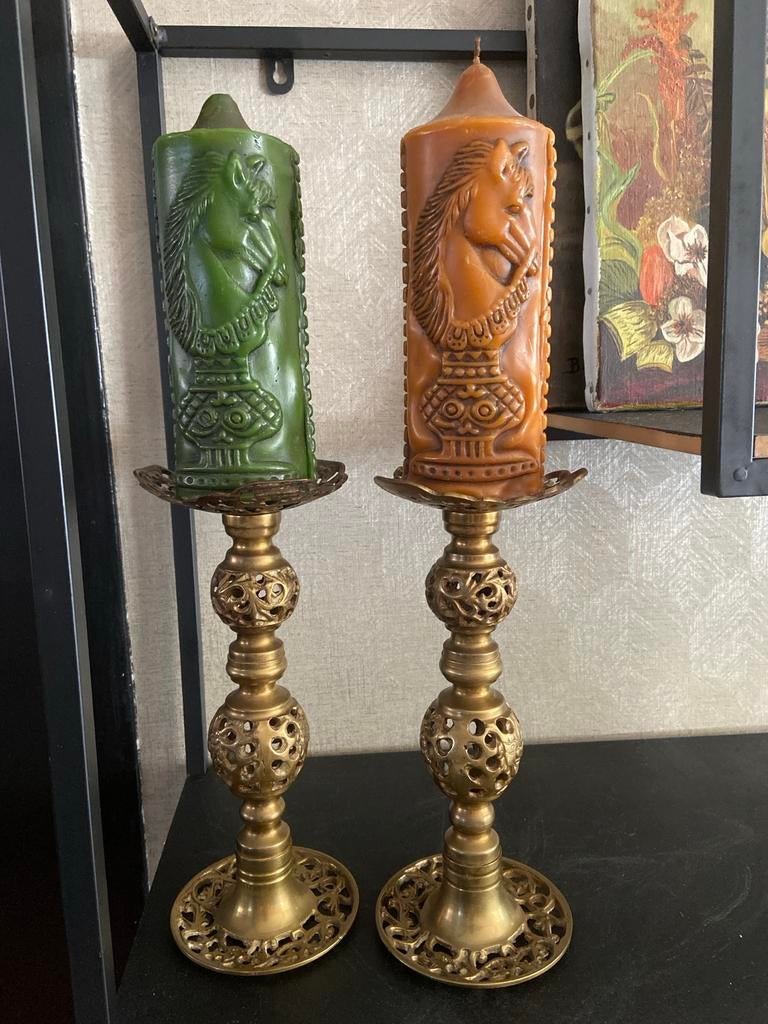 Vintage Kaarsenstandaards met Paardenkaarsen - Set van 2, Ophalen, Koper of Brons