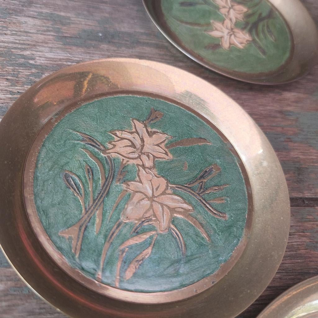 Chique brocante set van 6 cloisonnee onderzetters van 10 cm, Antiek en Kunst, Ophalen of Verzenden