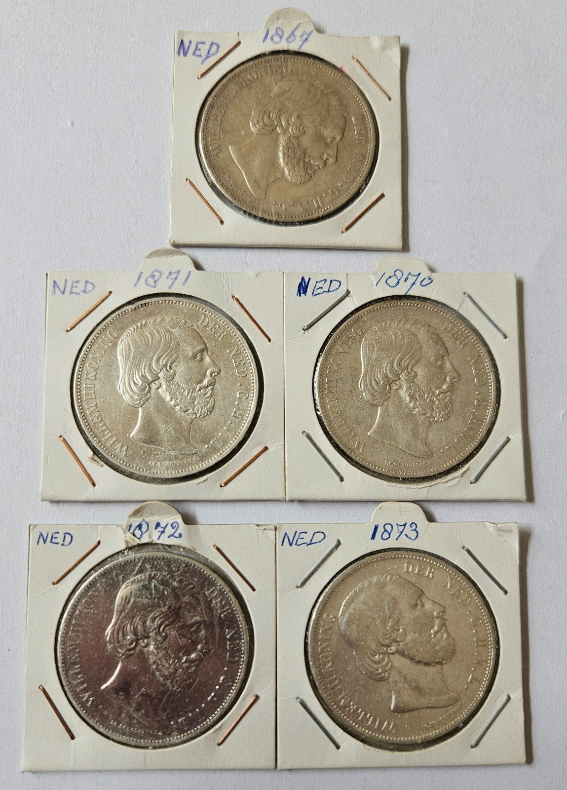 5x antieke zilveren rijksdaalder Koning Willem III 1867-1873, Koning Willem III, Setje, Zilver, Ophalen of Verzenden