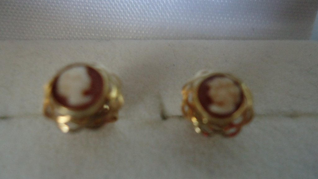 14 karaats gouden oorbellen met gestoken schelp camee, Ophalen of Verzenden, Zo goed als nieuw, Knopjes of Stekers, Goud
